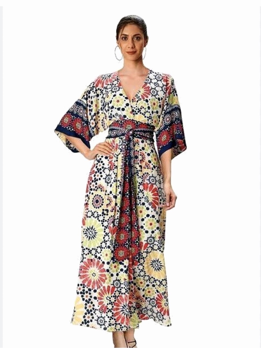 NWOT Wayward Fancies eShakti Graphic Floral Crepe Sash Tie Kaftan Dress, Size4x